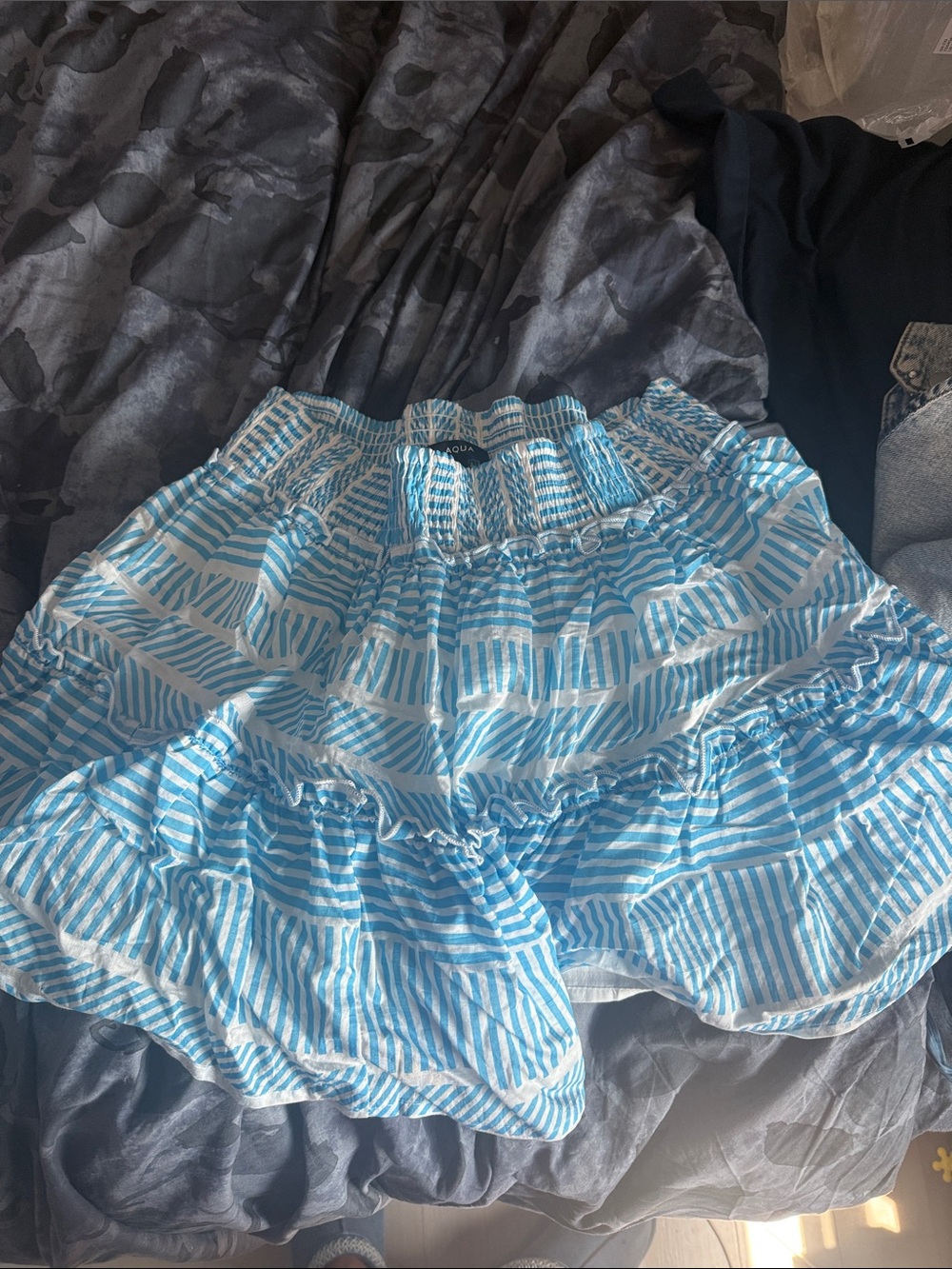 Aqua Blue and White Striped Circle Skater Skirt
